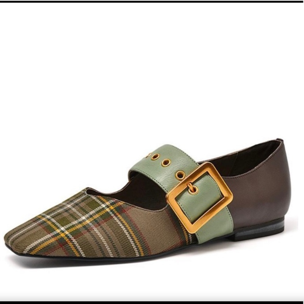 Beau Today Plaid Belt Square Toe Flat Loafers Brown Green Size 37
